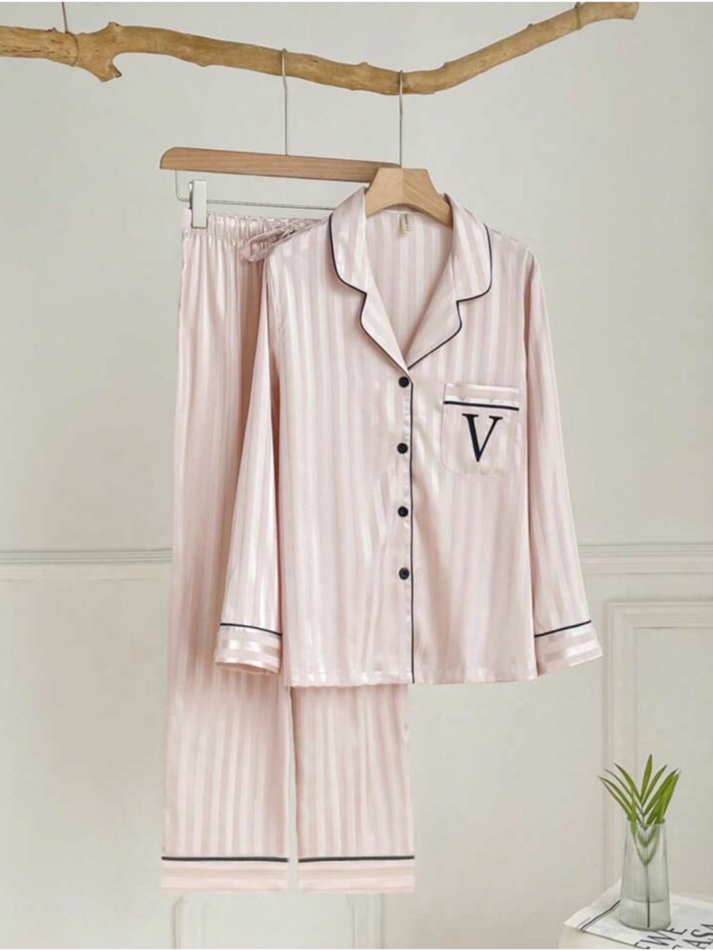 Classic Satin Pajama Set in Light Pink with Contrast Trim